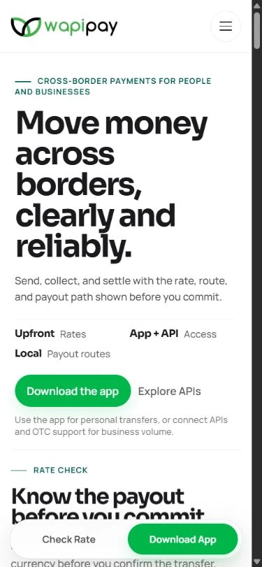 WapiPay homepage displayed at mobile size